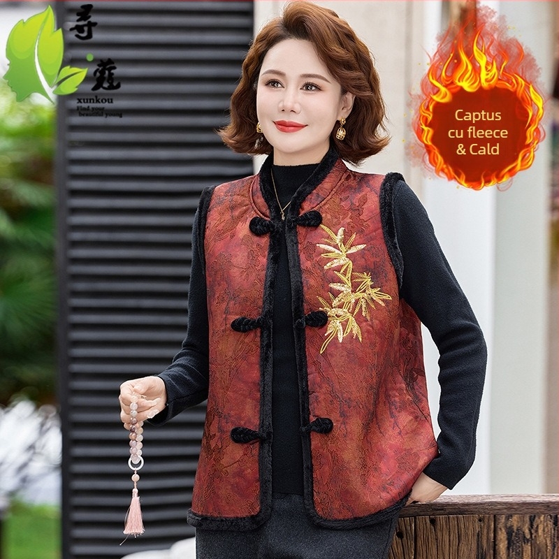 Jachetă vestă pentru femei cu căptușeală de fleece, poliester >95%, stil elegant pentru naveta zilnică, imprimeu plante și flori, lungime 50–65 cm, guler înalt