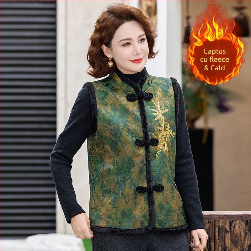 Jachetă vestă pentru femei cu căptușeală de fleece, poliester >95%, stil elegant pentru naveta zilnică, imprimeu plante și flori, lungime 50–65 cm, guler înalt