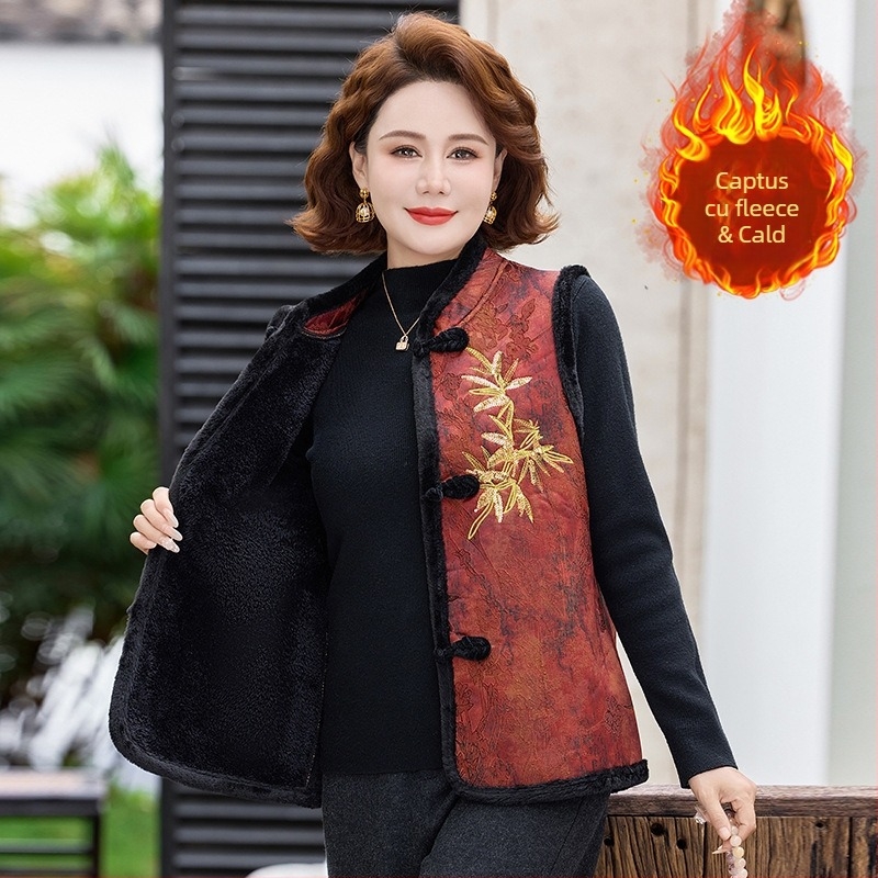 Jachetă vestă pentru femei cu căptușeală de fleece, poliester >95%, stil elegant pentru naveta zilnică, imprimeu plante și flori, lungime 50–65 cm, guler înalt