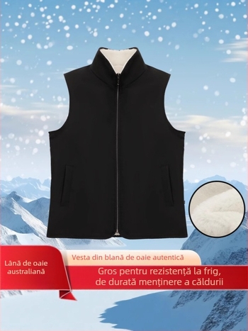 Vestă din piele de oaie cu căptușeală din fleece, guler înalt, fermoar și buzunare laterale