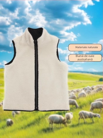Vestă din piele de oaie cu căptușeală din fleece, guler înalt, fermoar și buzunare laterale