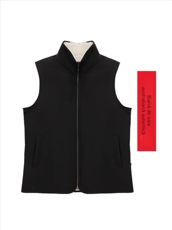 Vestă din piele de oaie cu căptușeală din fleece, guler înalt, fermoar și buzunare laterale