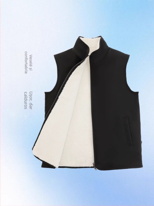 Vestă din piele de oaie cu căptușeală din fleece, guler înalt, fermoar și buzunare laterale