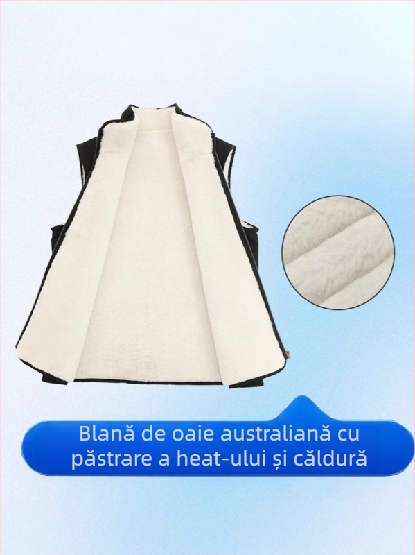 Vestă din piele de oaie cu căptușeală din fleece, guler înalt, fermoar și buzunare laterale