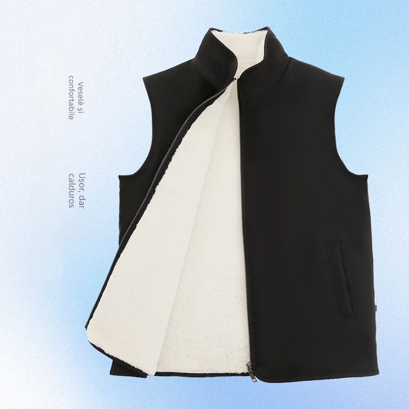 Vestă din piele de oaie cu căptușeală din fleece, guler înalt, fermoar și buzunare laterale