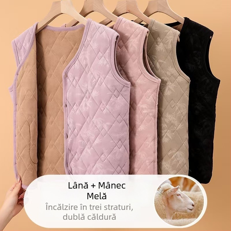 Vestă feminină în stil chinezesc pentru iarna 2025, fleece german, poliester 80–90%, stil literar-retro.