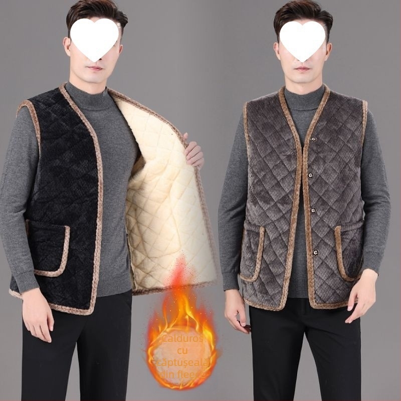 Vesta de iarnă pentru bărbați, cu căptușeală din fleece, căldură sporită, cu glugă, guler în V, croială slim