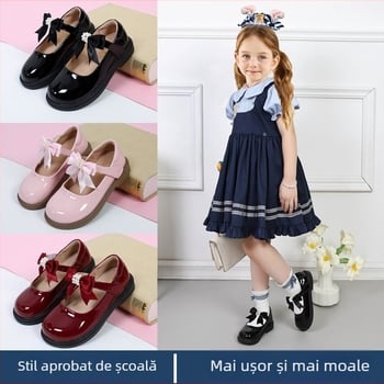Pantofi de școală din piele pentru fete, partea superioară din piele sintetică, închidere Velcro, căptușeală PU și talpă PU, talpă din cauciuc