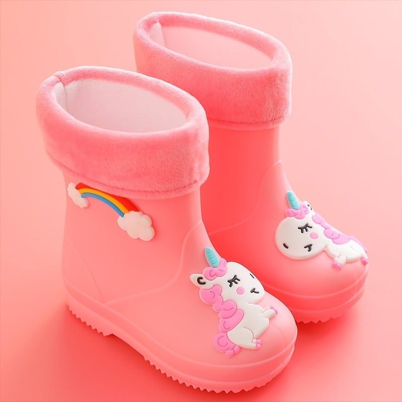 Ghete de ploaie pentru copii, căptușite cu fleece, antiderapante, partea superioară din PVC, imprimeu Rainbow Horse, pentru copii 4–12 ani