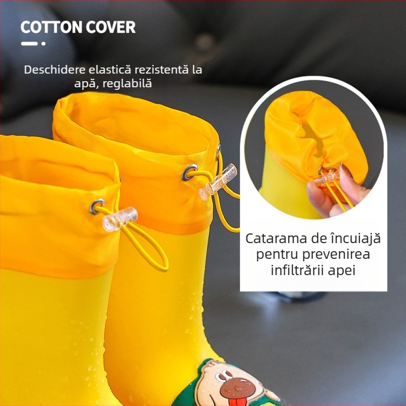 Ghete de ploaie pentru copii - Unisex, Model desen animat, Partea superioară din PVC, Înălțime medie a tubului, Toc mic 1–3 cm
