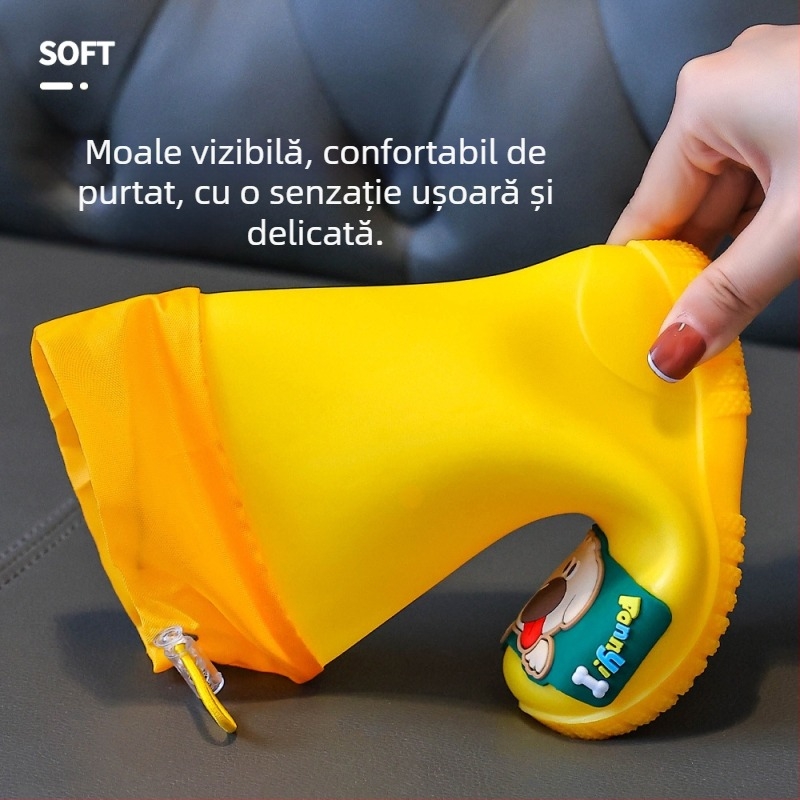 Ghete de ploaie pentru copii - Unisex, Model desen animat, Partea superioară din PVC, Înălțime medie a tubului, Toc mic 1–3 cm