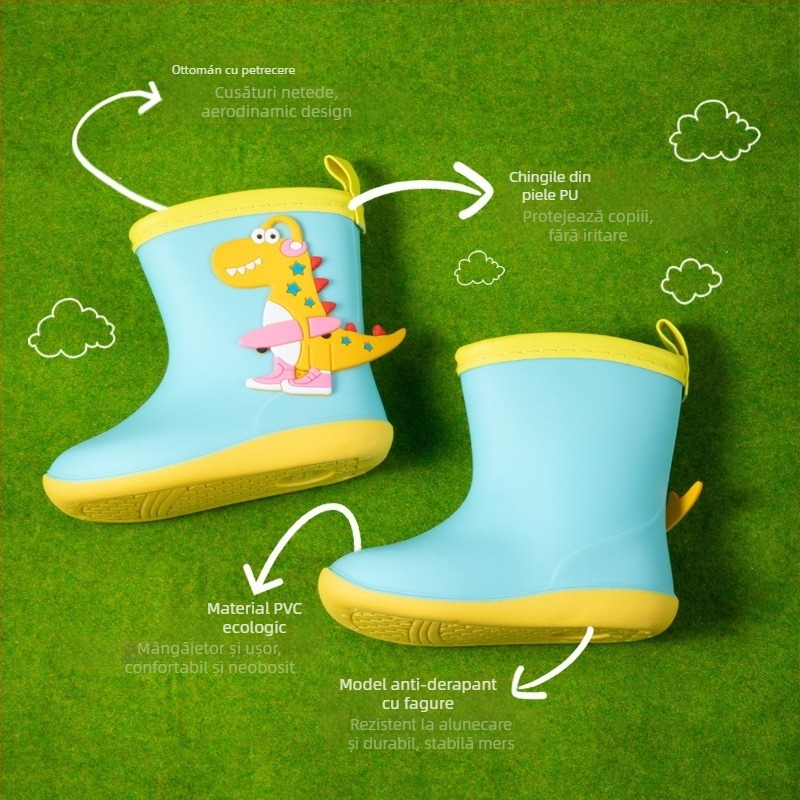 Ghete de ploaie pentru copii, cu imprimeu dinozaur desen animat | partea superioară din PVC | potrivite pentru vârste 1-12 ani