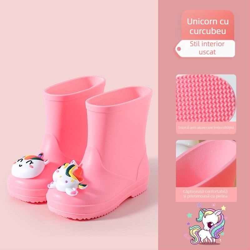 Ghete de ploaie pentru copii, partea superioară din PVC, înălțime medie, model animale desenate, unisex, pentru vârsta 4–12 ani