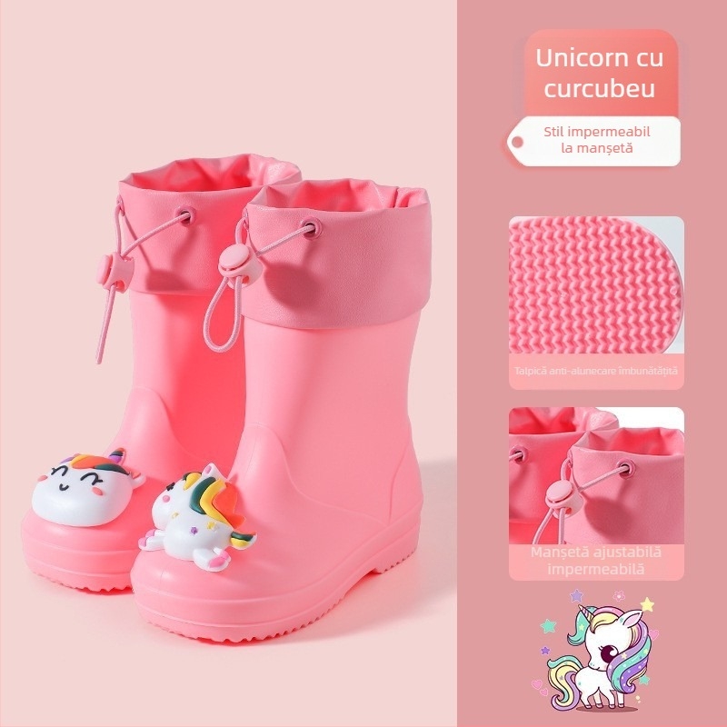 Ghete de ploaie pentru copii, partea superioară din PVC, înălțime medie, model animale desenate, unisex, pentru vârsta 4–12 ani
