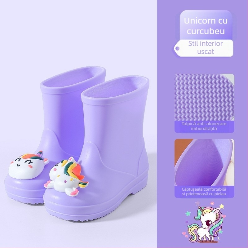 Ghete de ploaie pentru copii, partea superioară din PVC, înălțime medie, model animale desenate, unisex, pentru vârsta 4–12 ani