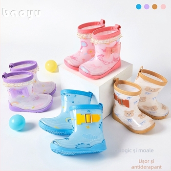 Baoyu cizme de ploaie pentru copii, partea superioară din PVC, toc plat, înălțime medie a gambelor, imprimeu desen animat