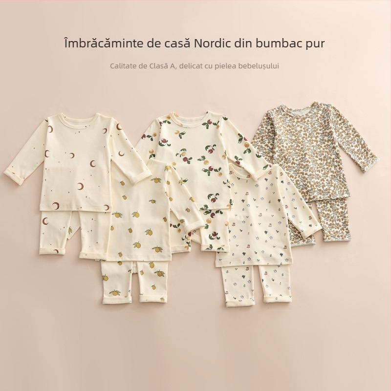 Set de haine de casă pentru copii, 95% bumbac, unisex, tricou cu mânecă lungă și pantaloni lungi, toamna 2025