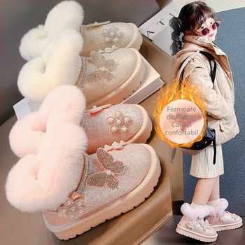 Cizme pentru copii până la gleznă, căptușite cu fleece, partea superioară din piele microfibră, decorate cu floare, fluture și perle cristal