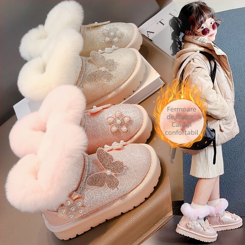 Cizme pentru copii până la gleznă, căptușite cu fleece, partea superioară din piele microfibră, decorate cu floare, fluture și perle cristal