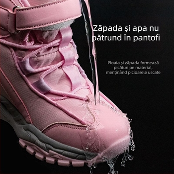 Ghete joase de iarnă pentru copii (unisex) – partea superioară din textil, căptușeală din blană, talpă antiderapantă, pentru 7–16 ani.