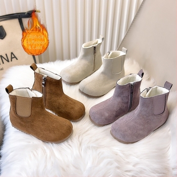 Botine unisex de iarnă pentru copii, căptușite cu fleece, partea superioară din piele artificială, talpă din cauciuc, înălime medie, fermoar lateral