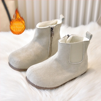 Botine unisex de iarnă pentru copii, căptușite cu fleece, partea superioară din piele artificială, talpă din cauciuc, înălime medie, fermoar lateral