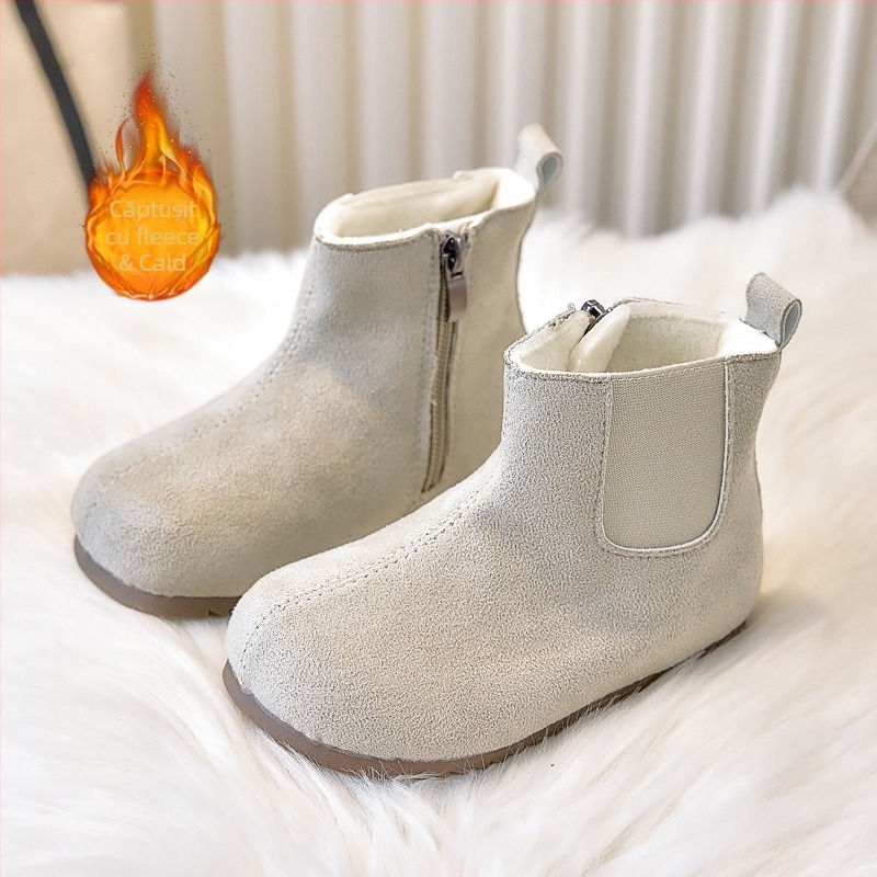 Botine unisex de iarnă pentru copii, căptușite cu fleece, partea superioară din piele artificială, talpă din cauciuc, înălime medie, fermoar lateral