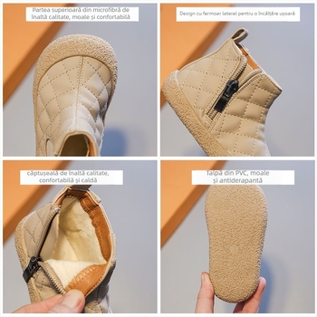 Botine pentru copii, căptușite cu fleece, partea superioară din piele microfibră cu model în carouri, talpă din PVC, fermoar lateral, pentru copii între 1 și 6 ani
