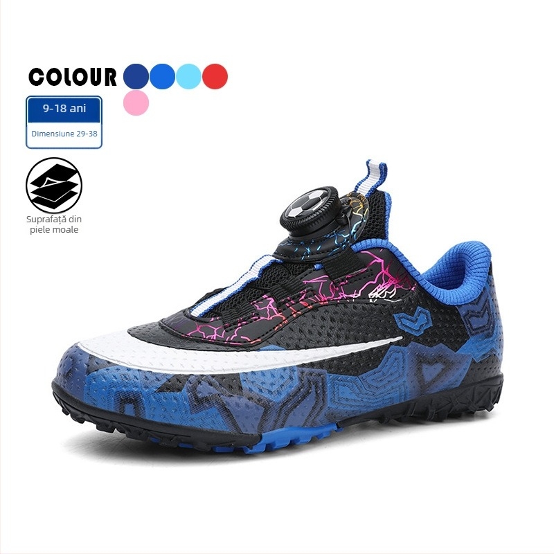 Pantofi de fotbal pentru copii, închidere cu Velcro, partea superioară din piele artificială, talpă din PVC pentru teren TF, model cu dungi