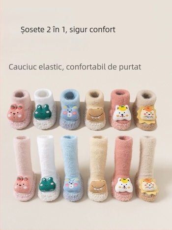 Pantofi și șosete pentru copii, cu fleece pe lângă o strat gros, șosete antiderapante de interior pentru nou-născuți