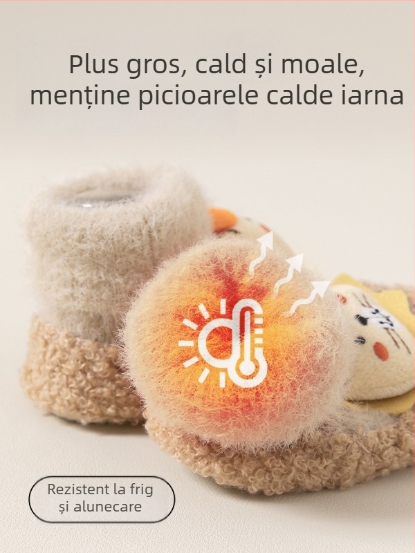 Pantofi și șosete pentru copii, cu fleece pe lângă o strat gros, șosete antiderapante de interior pentru nou-născuți