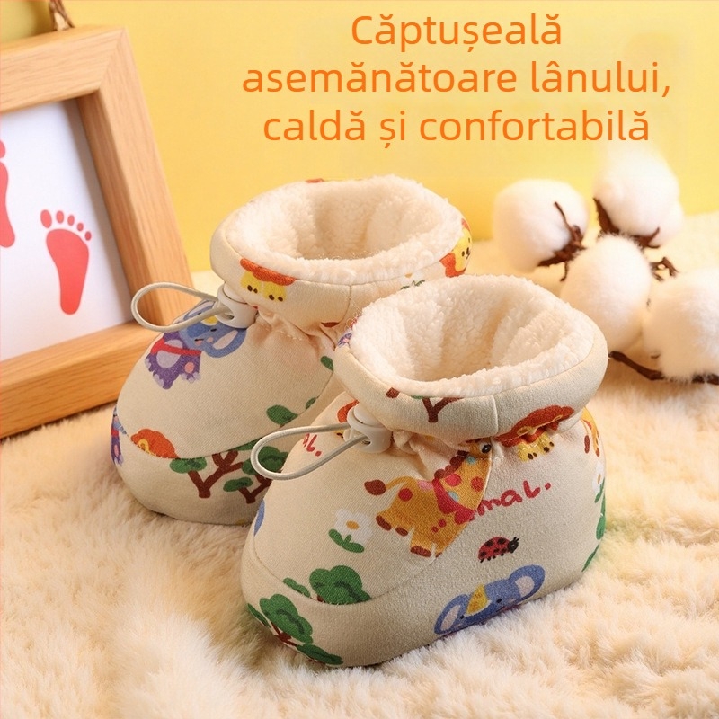 Pantofi bebeluși cu talpă moale, partea superioară din bumbac, căptușeală din poliester, talpă îngroșată, pentru 6–12 luni