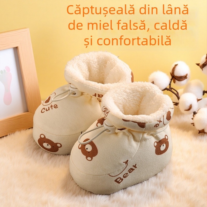 Pantofi bebeluși cu talpă moale, partea superioară din bumbac, căptușeală din poliester, talpă îngroșată, pentru 6–12 luni