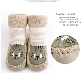 Pantofi pentru copii pentru mers, interior bumbac căptușit cu fleece, talpă antiderapantă, model desen animat (pentru 0–1 ani; o singură mărime; grosime medie)