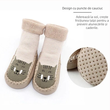 Pantofi pentru copii pentru mers, interior bumbac căptușit cu fleece, talpă antiderapantă, model desen animat (pentru 0–1 ani; o singură mărime; grosime medie)