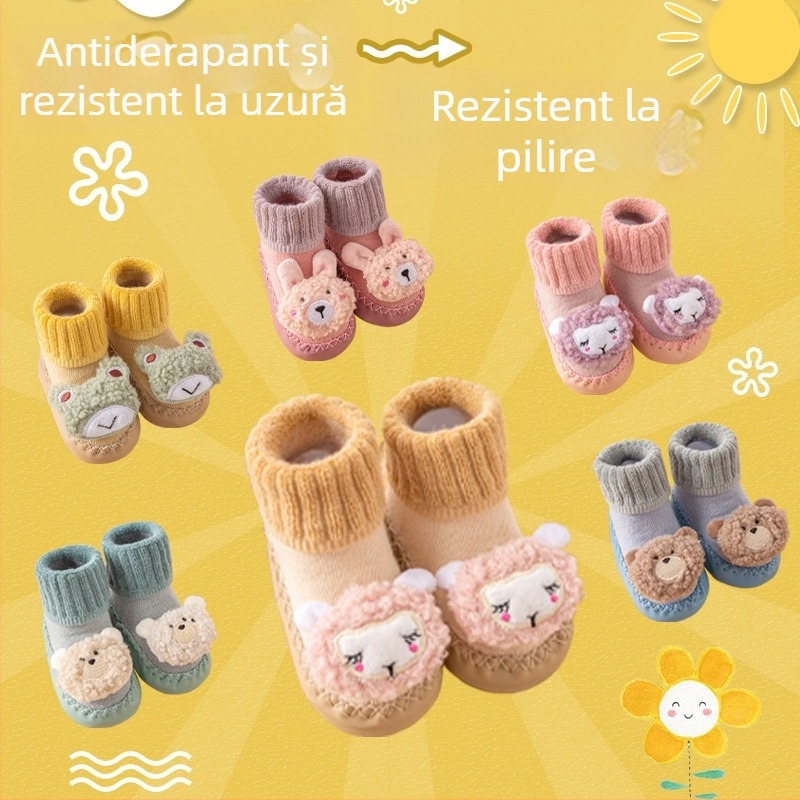 Șosete de podea pentru copii, groase din terry pentru căldură, antiderapante, bumbac pieptănat, model cu desene animate