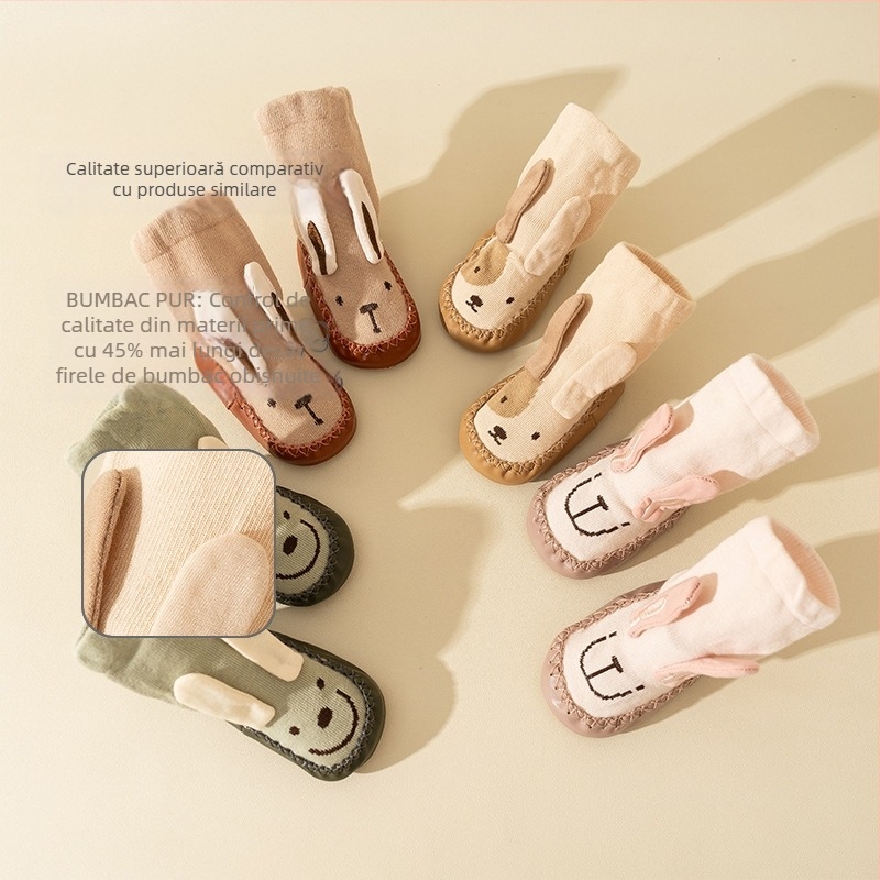 Șosete pentru bebeluși anti-alunecare, talpă moale, unisex, cu imprimeu desen animat, din bumbac respirabil, potrivite pentru primăvară, toamnă și iarnă.