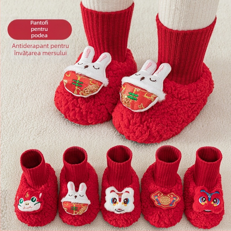 Șosete de podea pentru bebeluși cu căptușeală de velur, iarnă, calde, antiderapante, lungi, model desen animat, 100% poliester, unisex