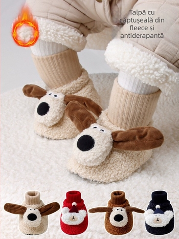 Șosete și pantofi pentru copii, căptuți cu fleece pentru toamnă-iarnă, talpă antiderapantă, model Cartoon Jacquard, 100% poliester