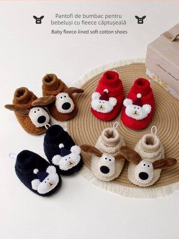 Șosete și pantofi pentru copii, căptuți cu fleece pentru toamnă-iarnă, talpă antiderapantă, model Cartoon Jacquard, 100% poliester