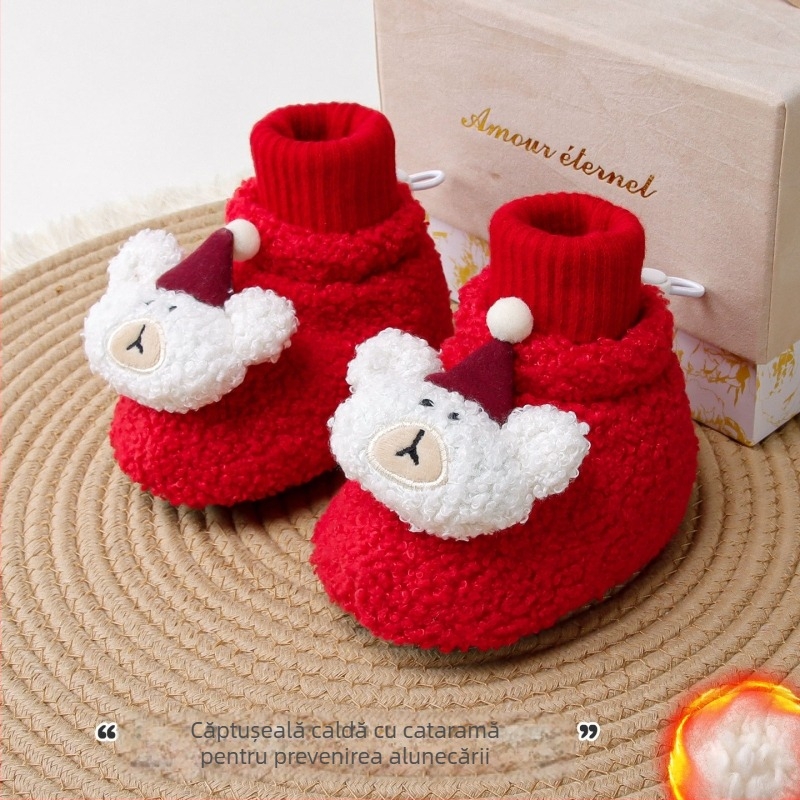 Șosete și pantofi pentru copii, căptuți cu fleece pentru toamnă-iarnă, talpă antiderapantă, model Cartoon Jacquard, 100% poliester