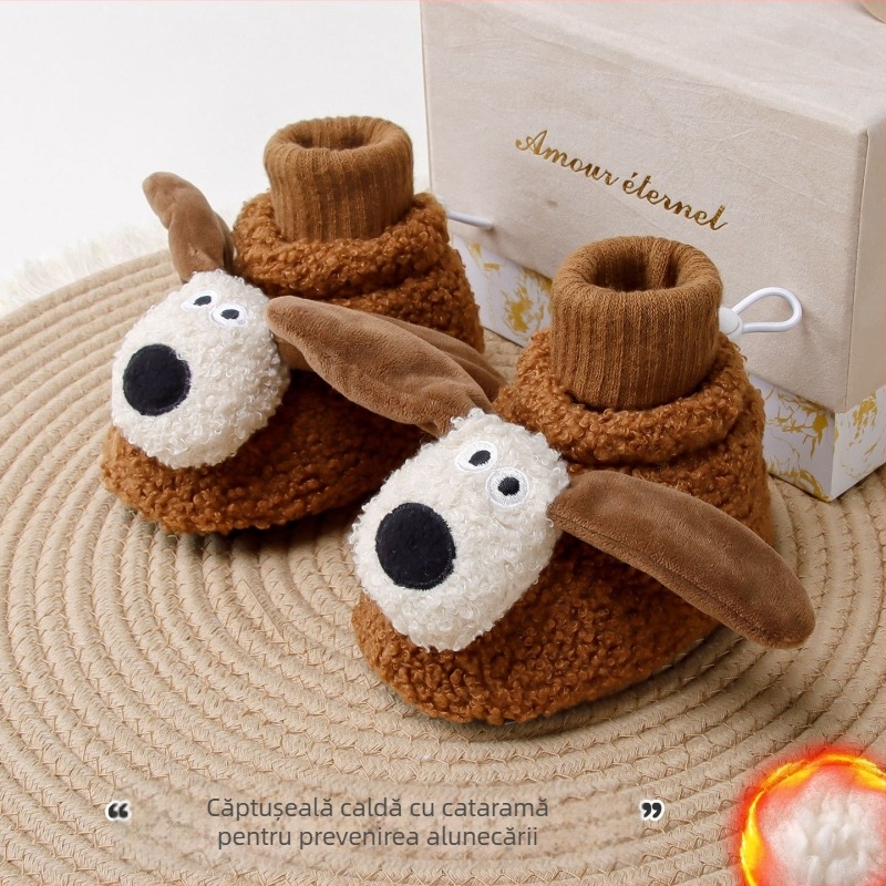 Șosete și pantofi pentru copii, căptuți cu fleece pentru toamnă-iarnă, talpă antiderapantă, model Cartoon Jacquard, 100% poliester
