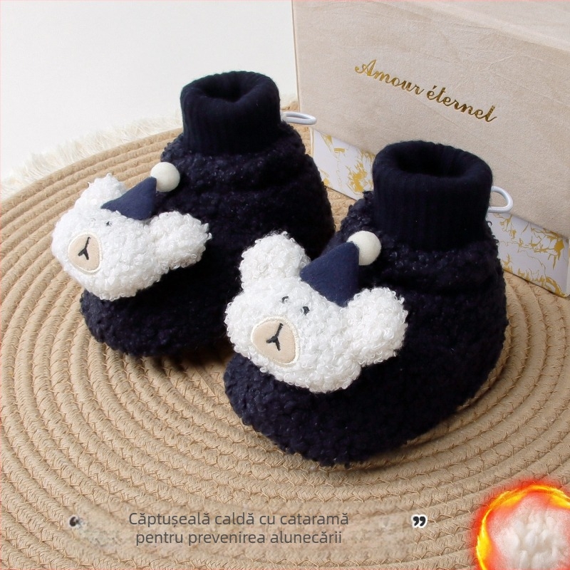 Șosete și pantofi pentru copii, căptuți cu fleece pentru toamnă-iarnă, talpă antiderapantă, model Cartoon Jacquard, 100% poliester