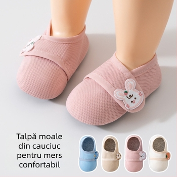 Pantofi-pod pentru bebeluși 12–36 luni, partea superioară din bumbac, respirabili, anti-derapare, cu Velcro, model animal desen animat, primăvară-toamnă