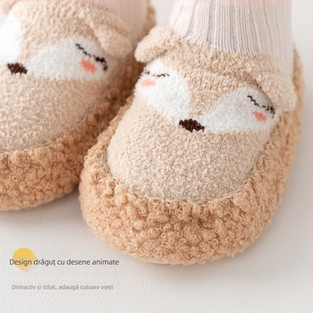 Pantofi pentru bebeluși pentru mers în iarnă, talpă anti-derapare groasă, model cu animale, partea superioară din bumbac și lână, înălțime înaltă