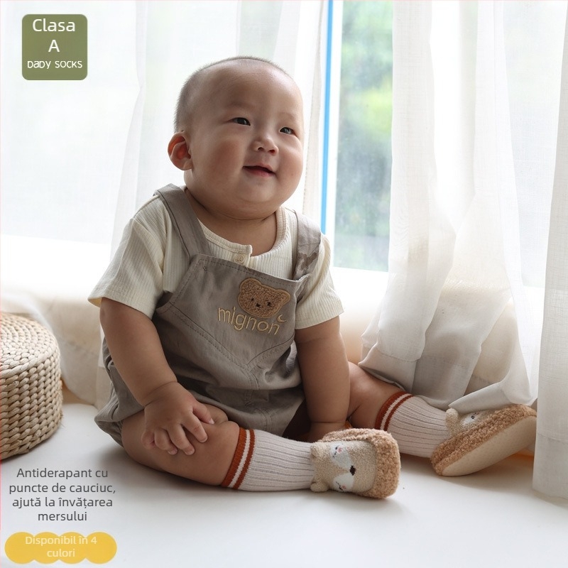 Pantofi pentru bebeluși pentru mers în iarnă, talpă anti-derapare groasă, model cu animale, partea superioară din bumbac și lână, înălțime înaltă