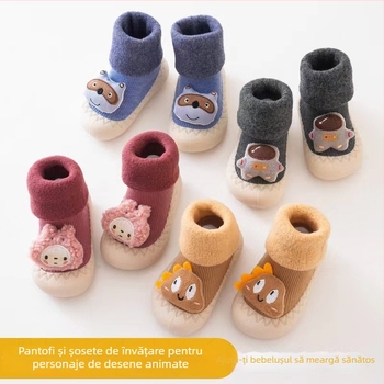 Pantofi de mers pentru copii mici, design cu desene animate, căptușeală din fleece, partea superioară din bumbac, talpă antiderapantă, pentru 12–36 de luni