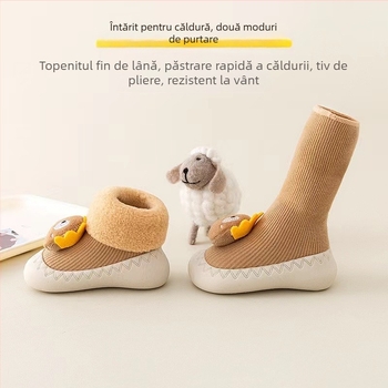 Pantofi de mers pentru copii mici, design cu desene animate, căptușeală din fleece, partea superioară din bumbac, talpă antiderapantă, pentru 12–36 de luni