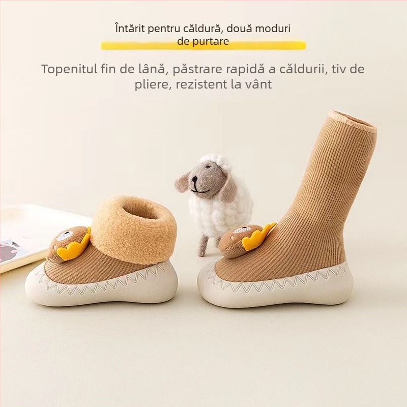 Pantofi de mers pentru copii mici, design cu desene animate, căptușeală din fleece, partea superioară din bumbac, talpă antiderapantă, pentru 12–36 de luni