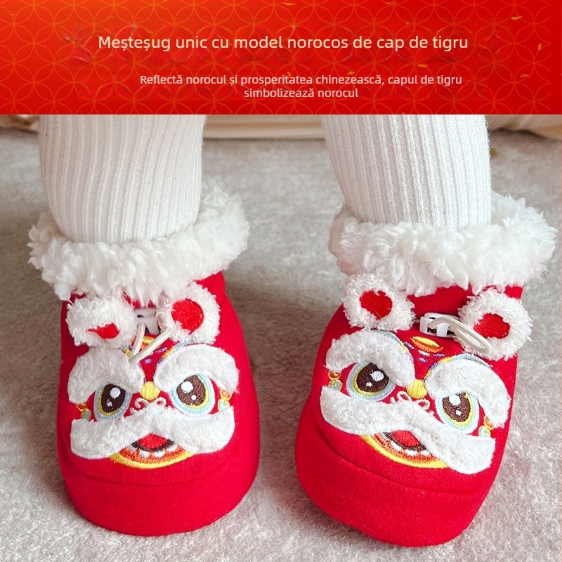 Pantofi bebeluși cu cap de tigru, vârf arcuit, talpă și căptușeală din lână de miel, bandă elastică pentru încălțare ușoară, design cu cap de tigru, antiderapant și păstrarea căldurii